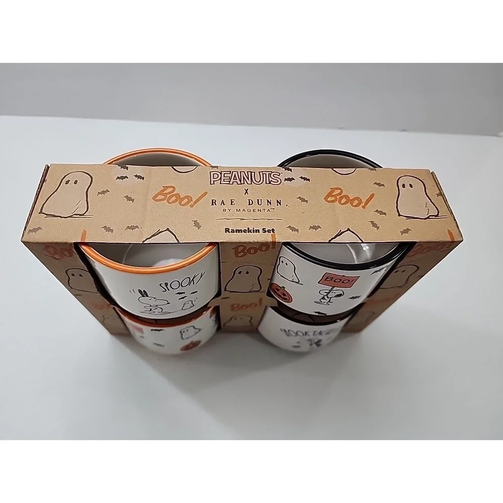 4x Snoopy Halloween Rae Dunn 8oz PEANUTS Spooktacular Ceramic Ramekin Set NEW
